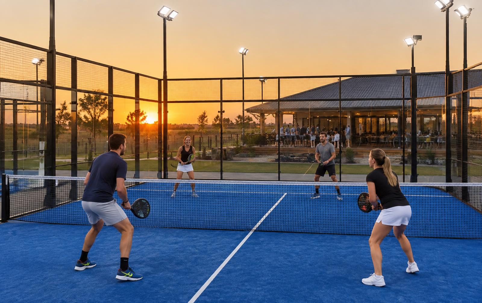 Floodlit padel courts at Go Padel Trichardt, ready for a corporate event