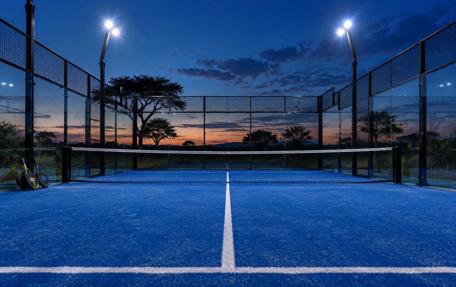 Floodlit padel court at Go Padel Trichardt at dusk